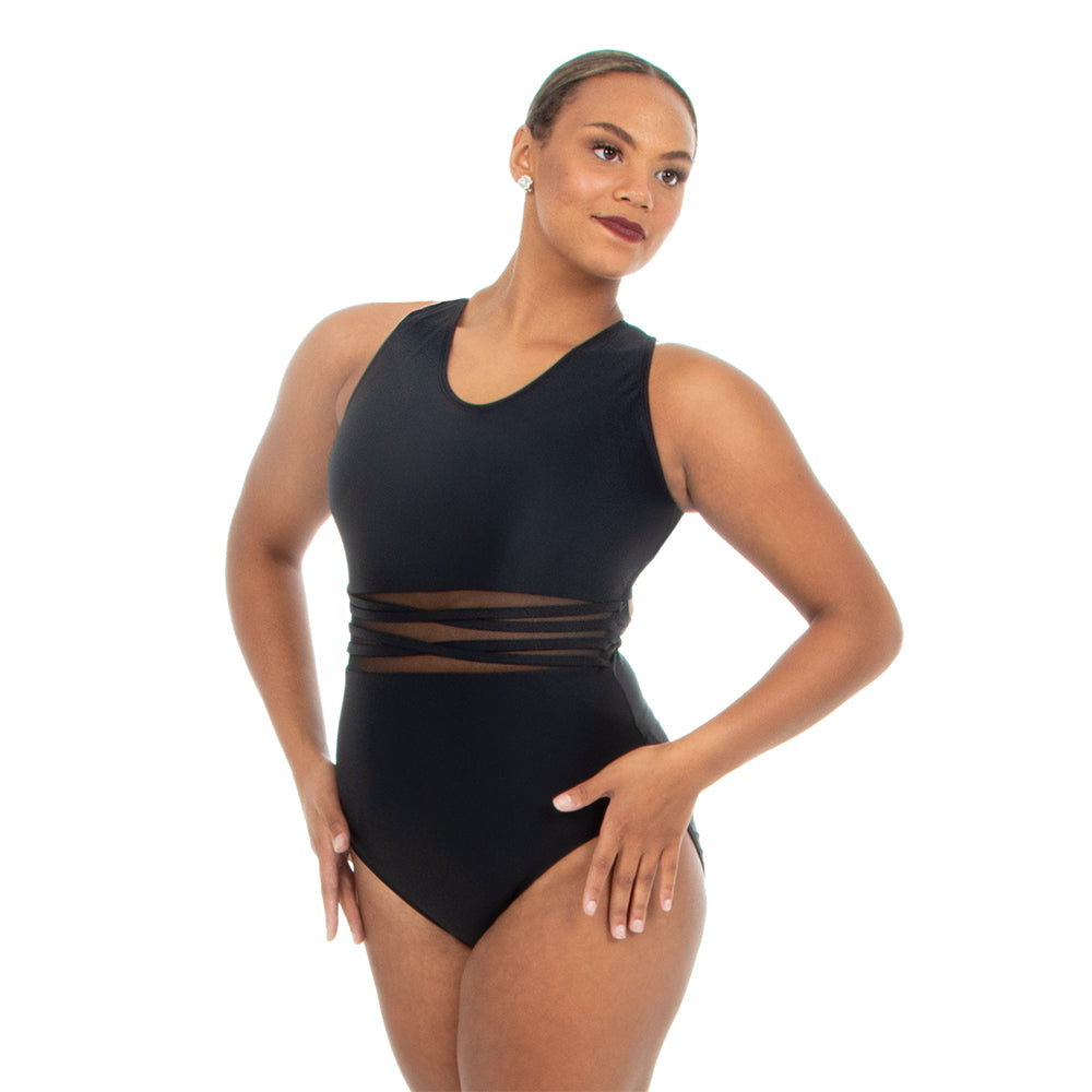 Adult V-Neck Mesh Panel Leotard - Manon - Black