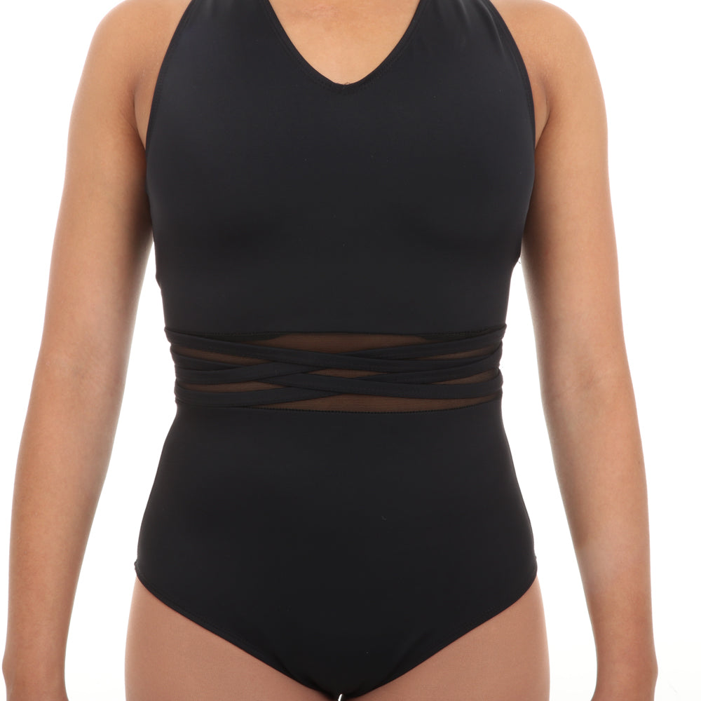 Youth V-Neck Mesh Panel Cut Out Wide Strap Back Leotard