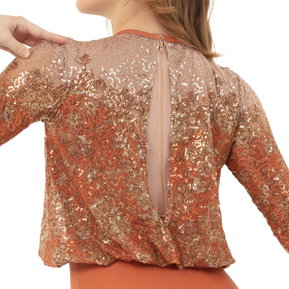 Sequin Billowed Long Sleeve Floral Leotard