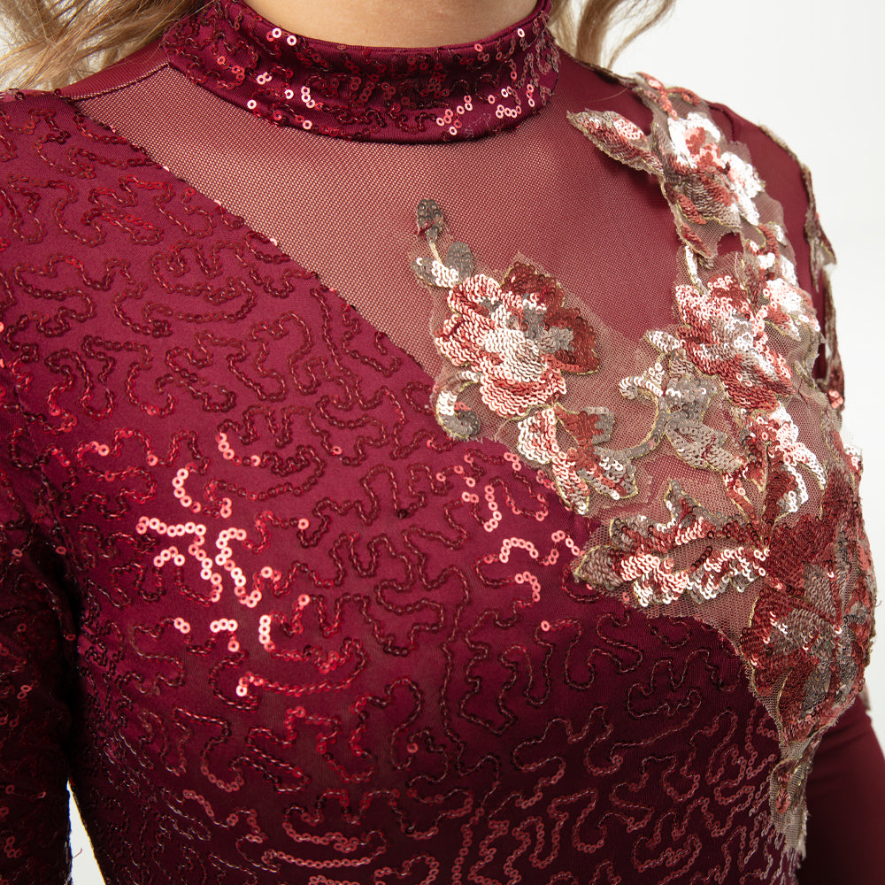 Asymmetrical Sequin Applique Long Sleeve Leotard