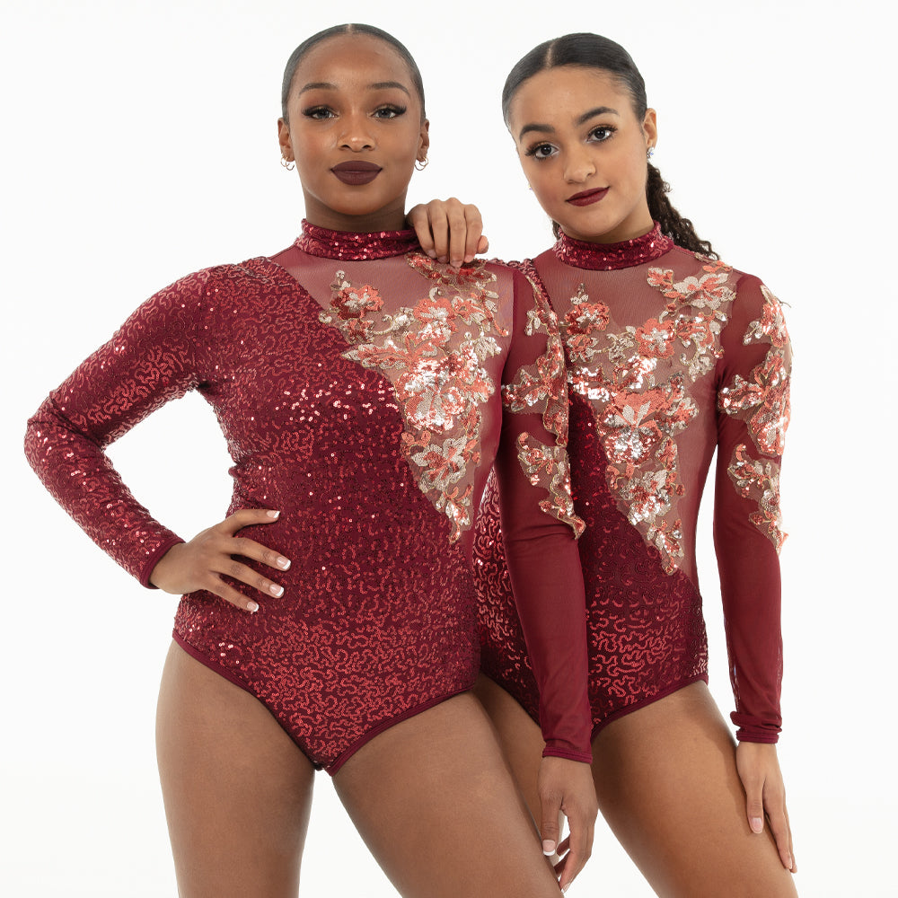 Asymmetrical Sequin Applique Long Sleeve Leotard