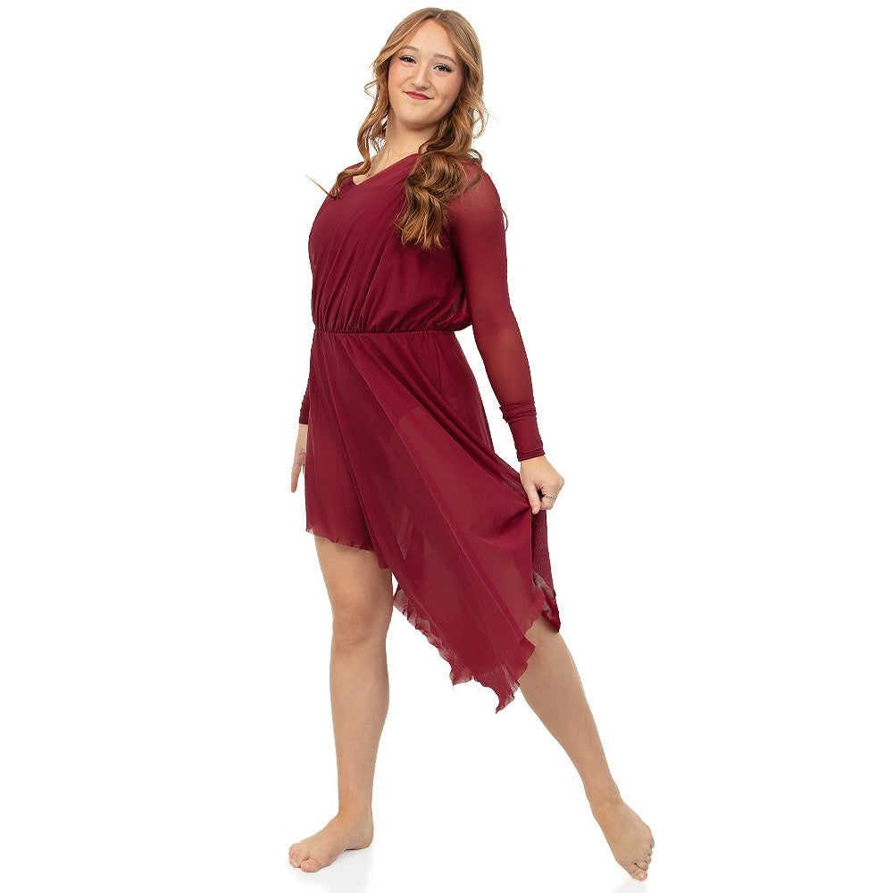 Long Sleeve Asymmetrical Dress Burgundy / X-Small Long Sleeve Asymmetrical Dress Burgundy / X-Small