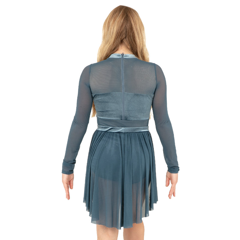 Long Sleeve Velvet Applique Leotard and Mesh Applique Skirt