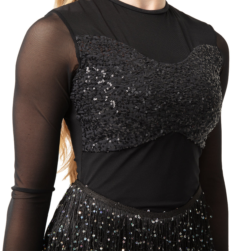 Long Sleeve Sequin Mesh Fringe Leotard