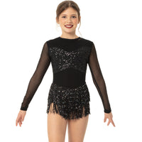 Youth Long Sleeve Sequin Mesh Fringe Leotard
