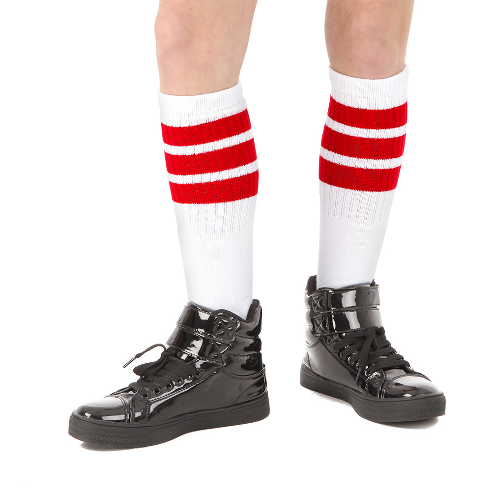 14 Inch Striped Tube Socks | SOCK14 - White/Red / One Size - Just For Kix