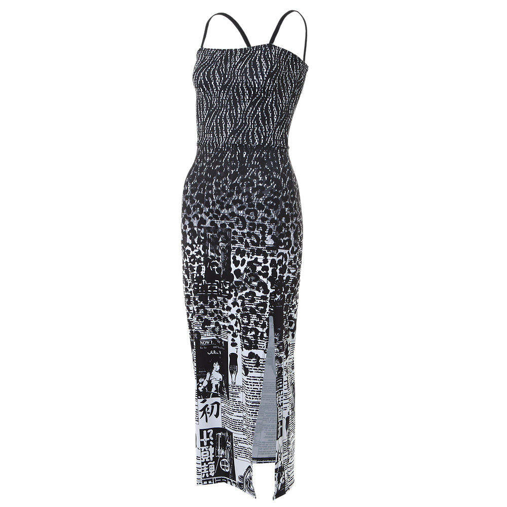 Newspaper Leopard Merge Dress with Slit : SR009 Black/White / Medium Newspaper Leopard Merge Dress with Slit : SR009 Black/White / Medium